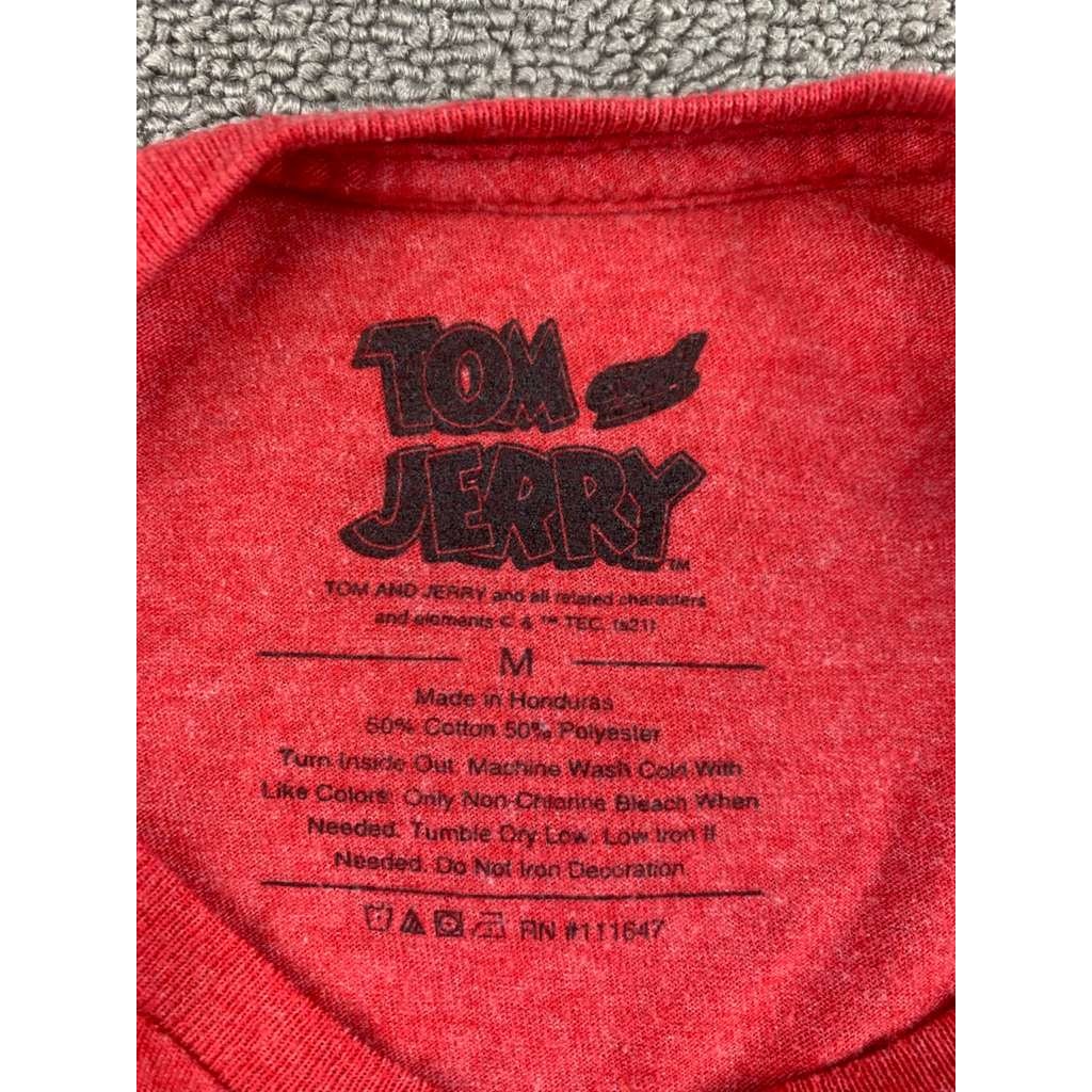 Tom and Jerry Mens M Red Heather Crewneck Cartoon Graphic T Shirt