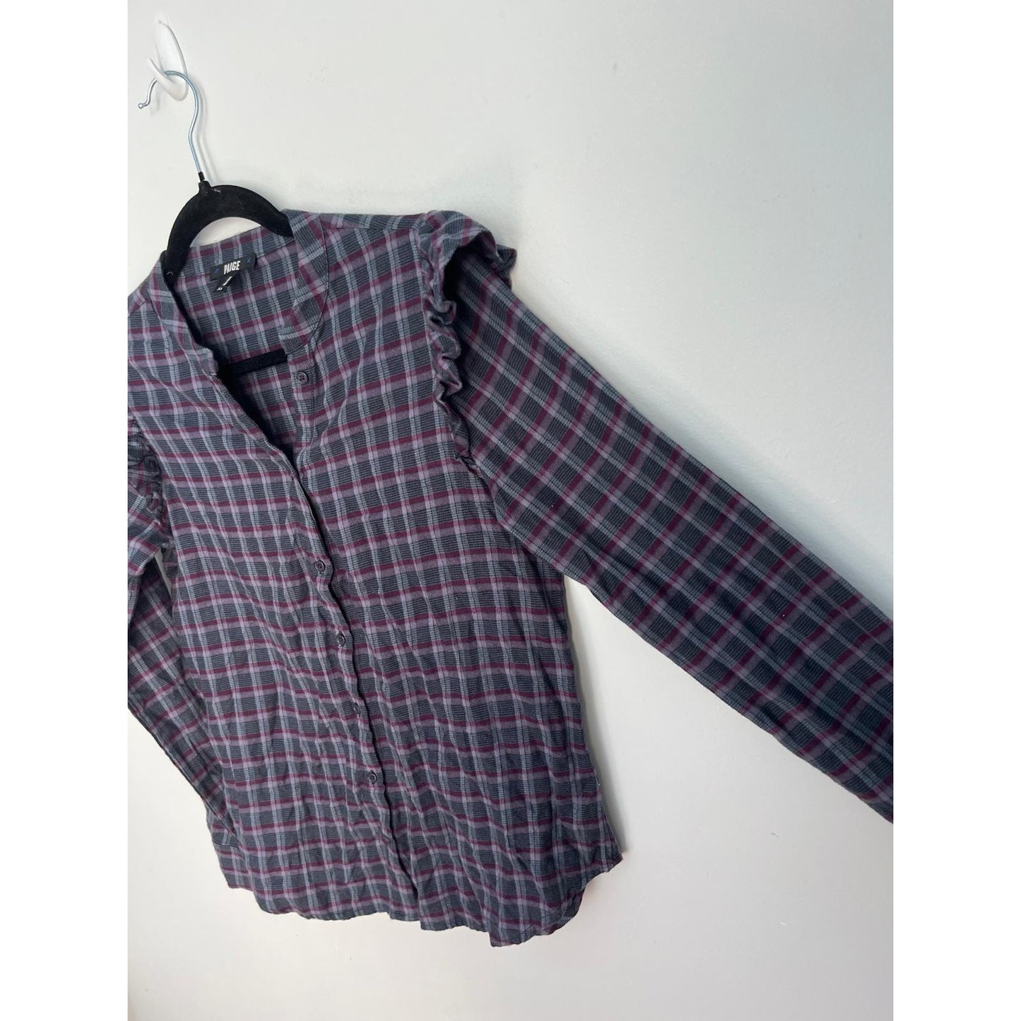 PAIGE Ruffle Shoulder Plaid Button Shirt Women XS Purple Gray Long Sleeve Top