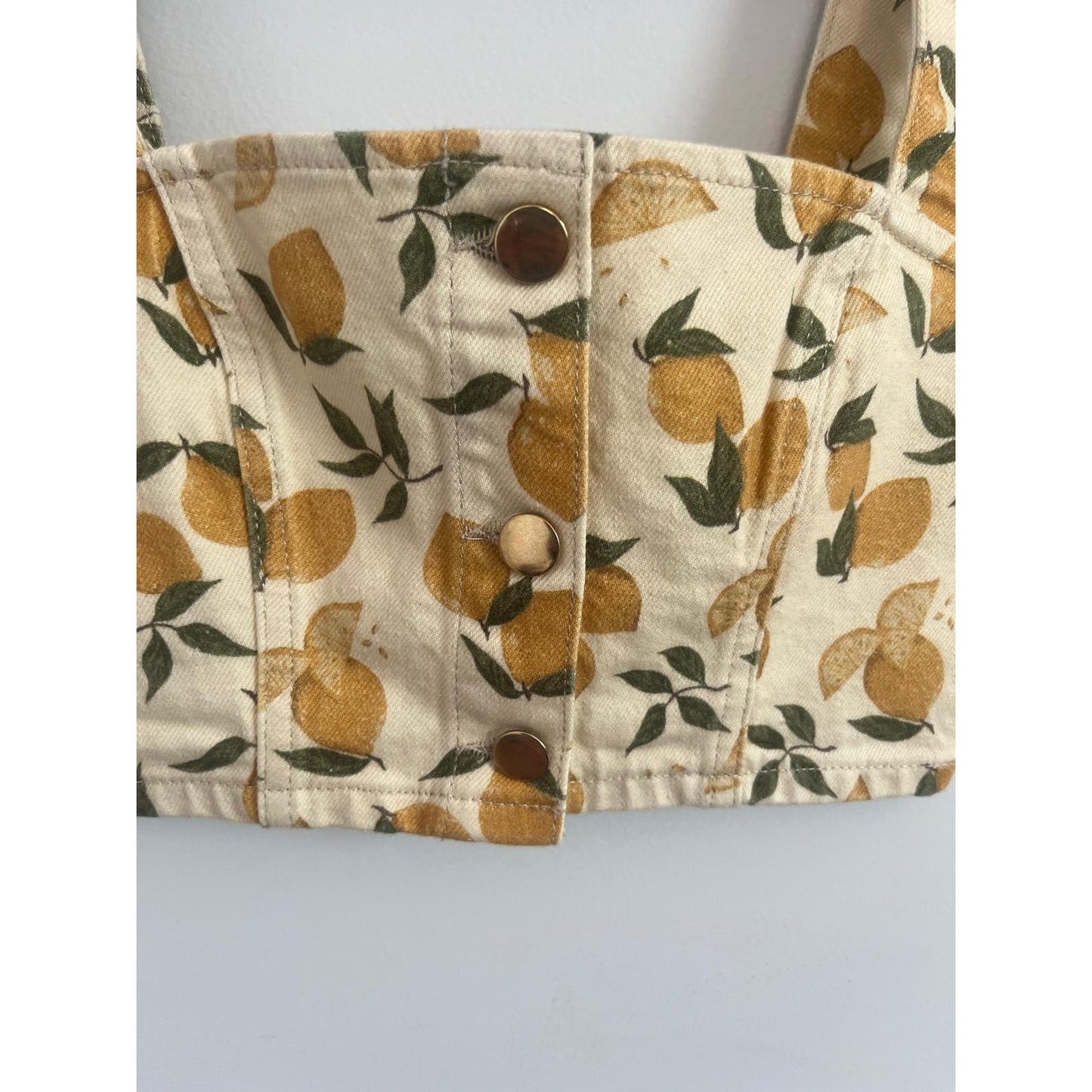 Reformation Crop Top Women XS Yellow Lemon Print Denim Corset Button