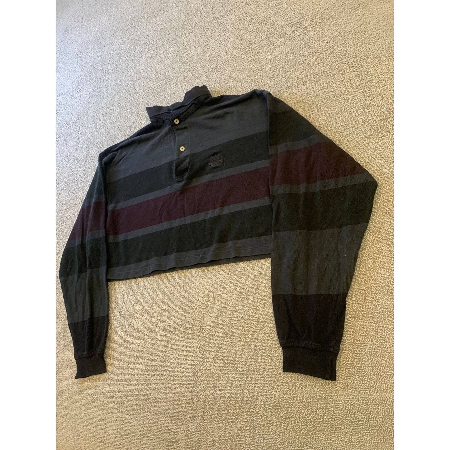 Vintage Izod Large Striped Long Sleeve Cropped Rugby Polo Shirt With Emblem