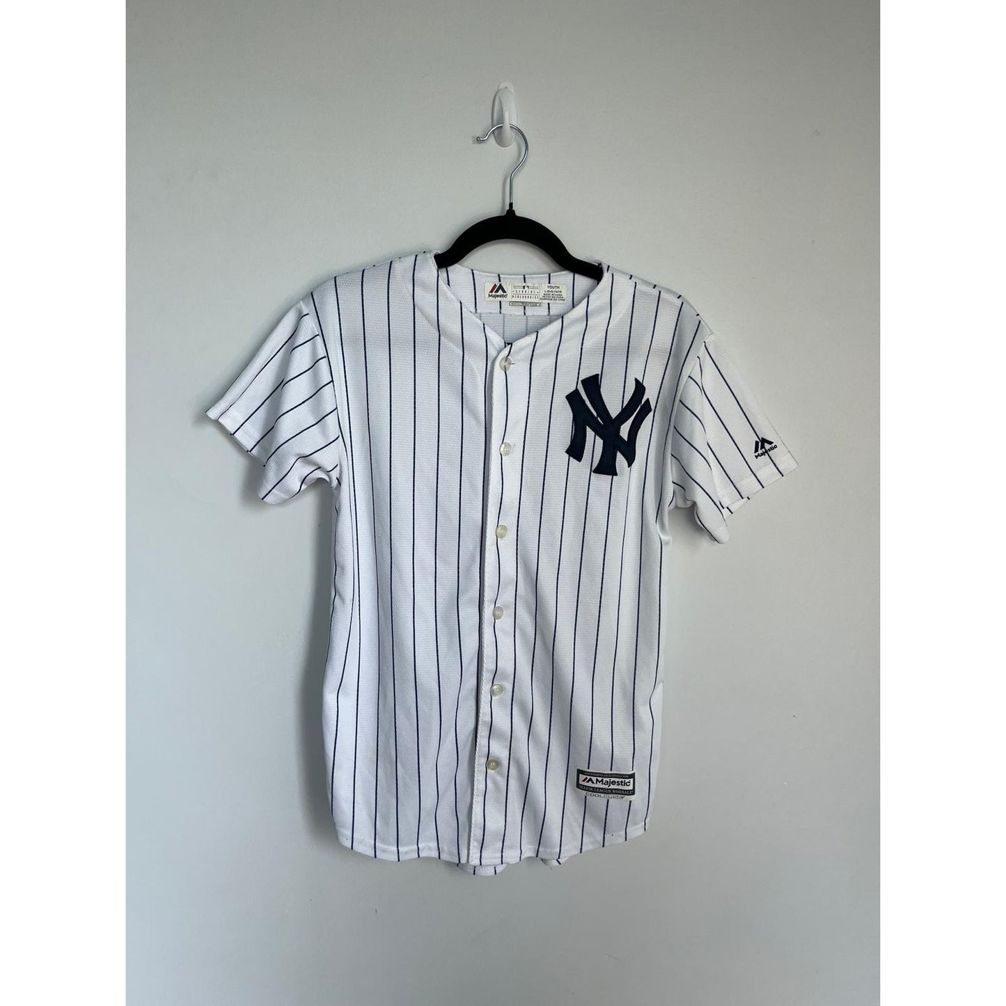 Majestic Yankees Jersey Youth L White Navy Pinstripe Cool Base