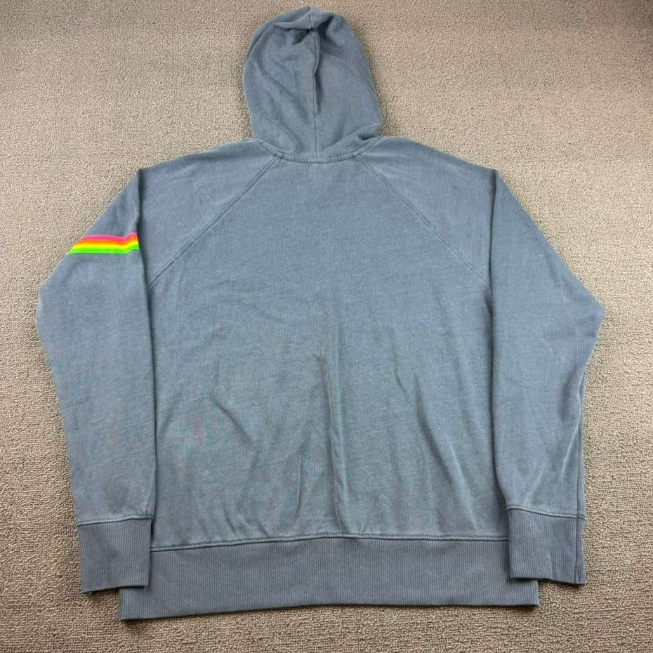 Sundry Pullover Hoodie Women 1 Blue Rainbow Stripe Sleeve Made USA