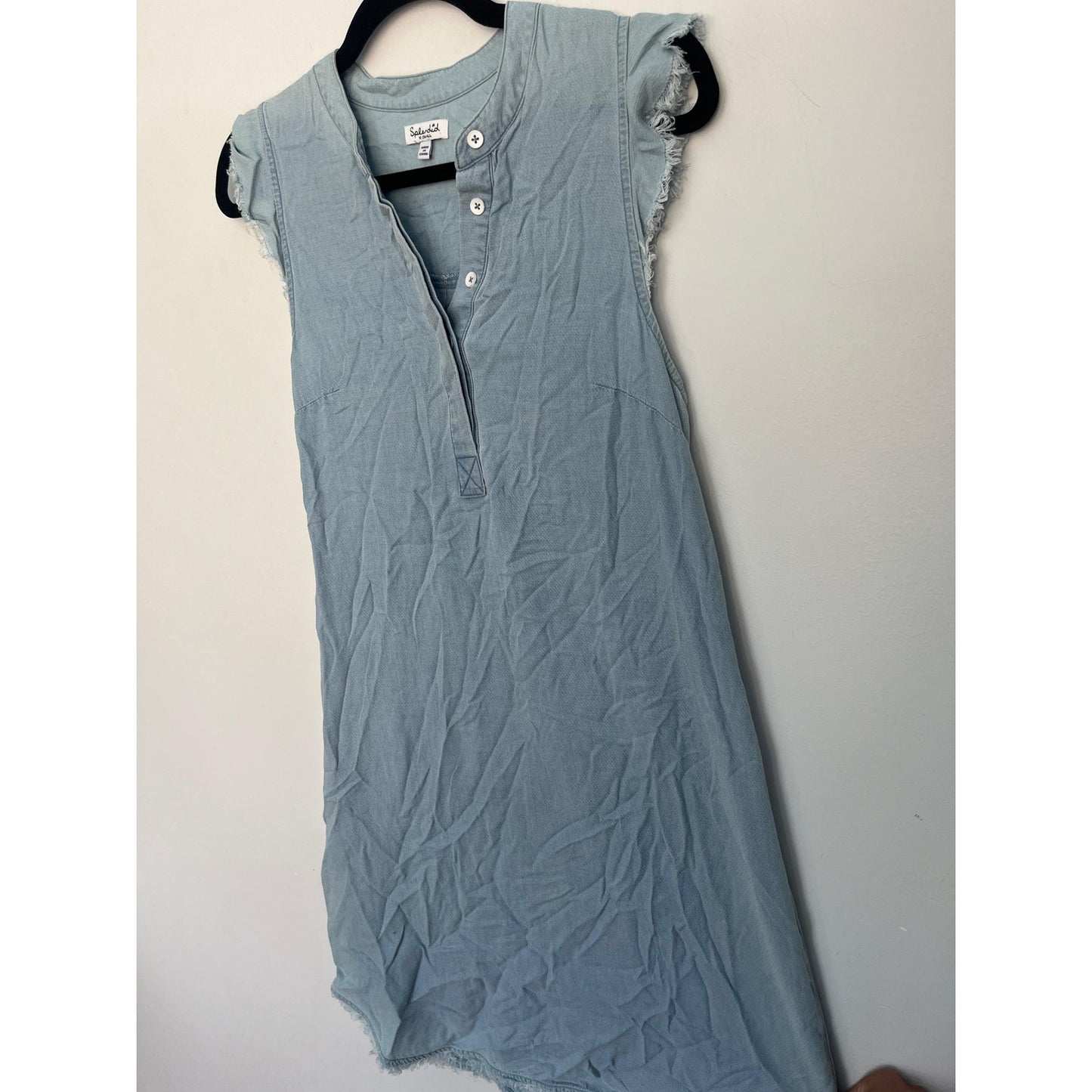 Splendid Sleeveless Henley Dress Women XS Blue Chambray Frayed Hem Casual