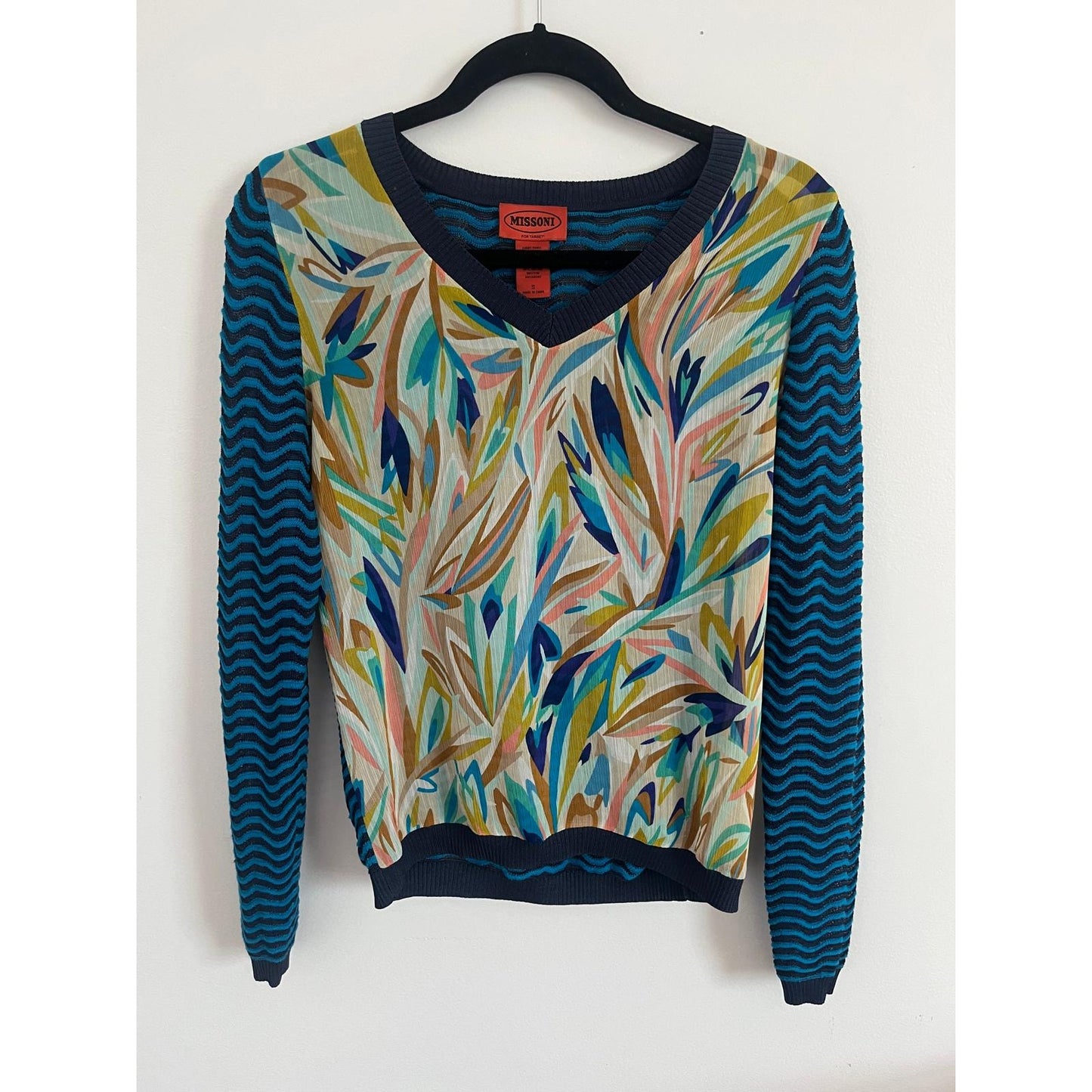 Missoni Sweater Women S Blue Multicolor Zigzag Print V Neck Lightweight
