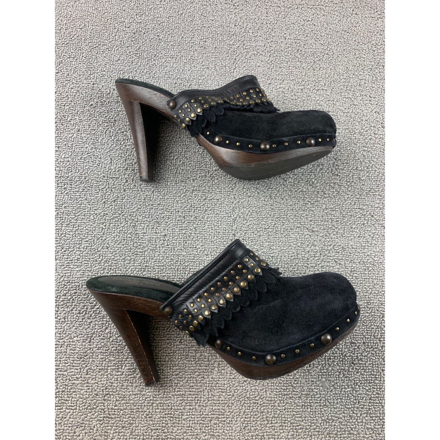 Isabella Fiore Suede Clogs Heel Shoes Womens 8 Made in Italy Fringe Studded