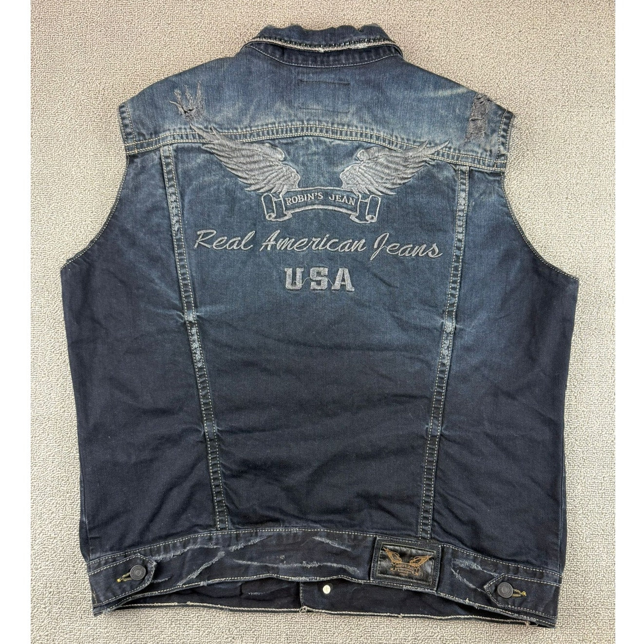 Robin’s Jean XL Denim Vest Distressed Wings Embroidery USA Rhinestone Collar