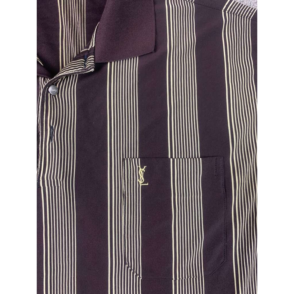 Yves Saint Laurent Polo Men XXL Brown Tan Shirt Vertical Stripe Embroidered Logo