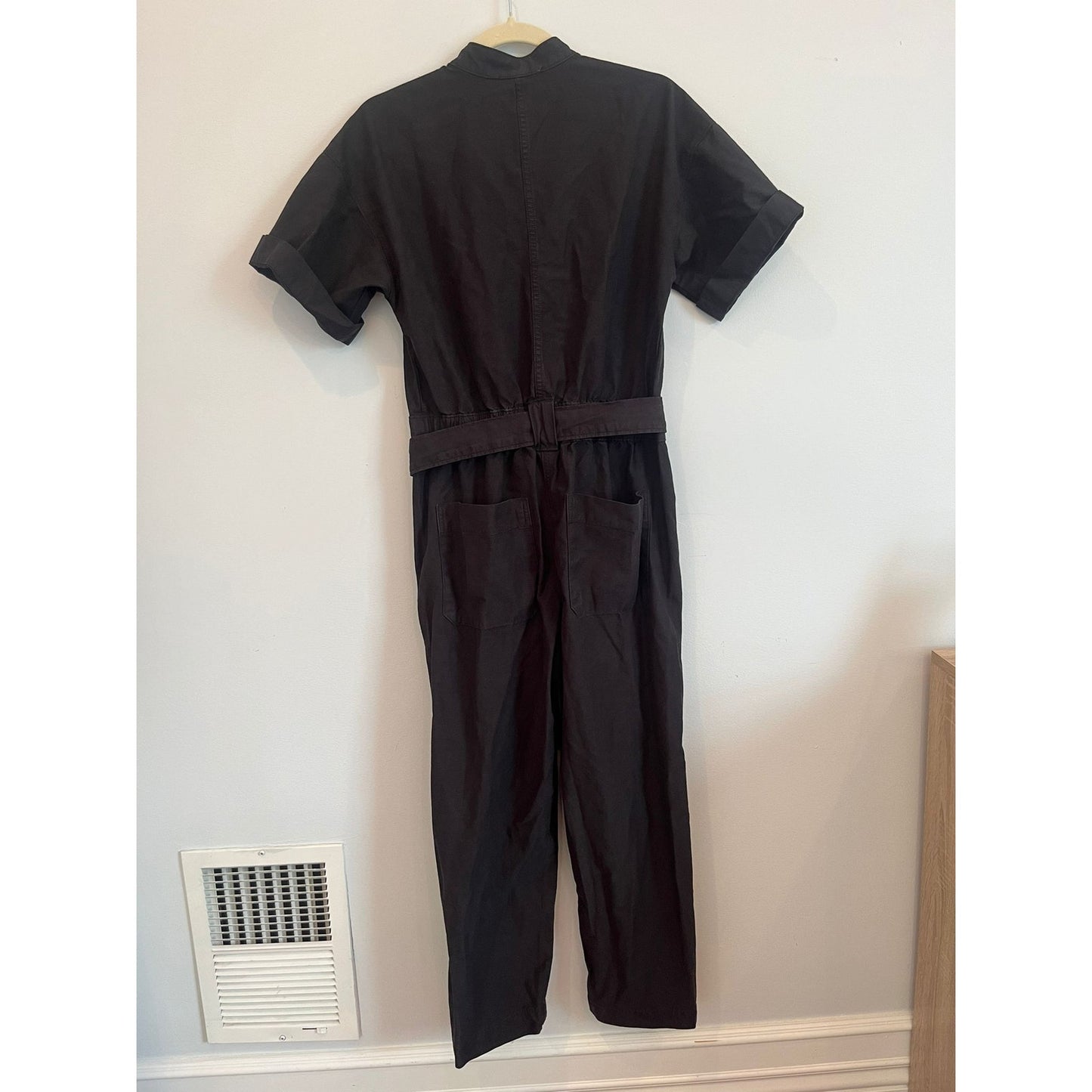 Everlane Utility Jumpsuit Women 00 Black Organic Cotton Short Sleeve Belted