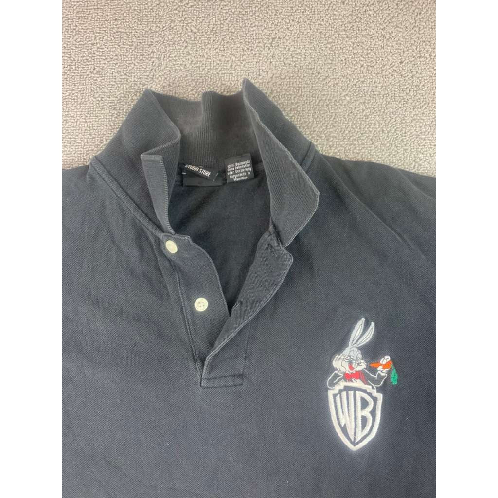 Vintage 90s Warner Bros Studio Store Polo Men L Black Bugs Bunny Embroidery