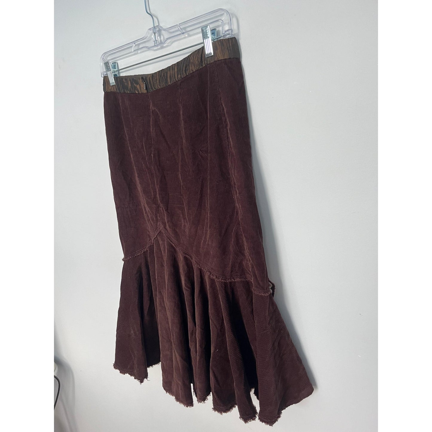 Free People Corduroy Skirt Women 0 Brown Floral Embroidered Ruffle Hem Boho