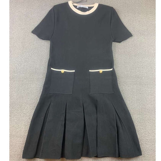 Zara Women XS Black Short Knit Pleated Dress Contrast Trim Pockets Gold Buttons
