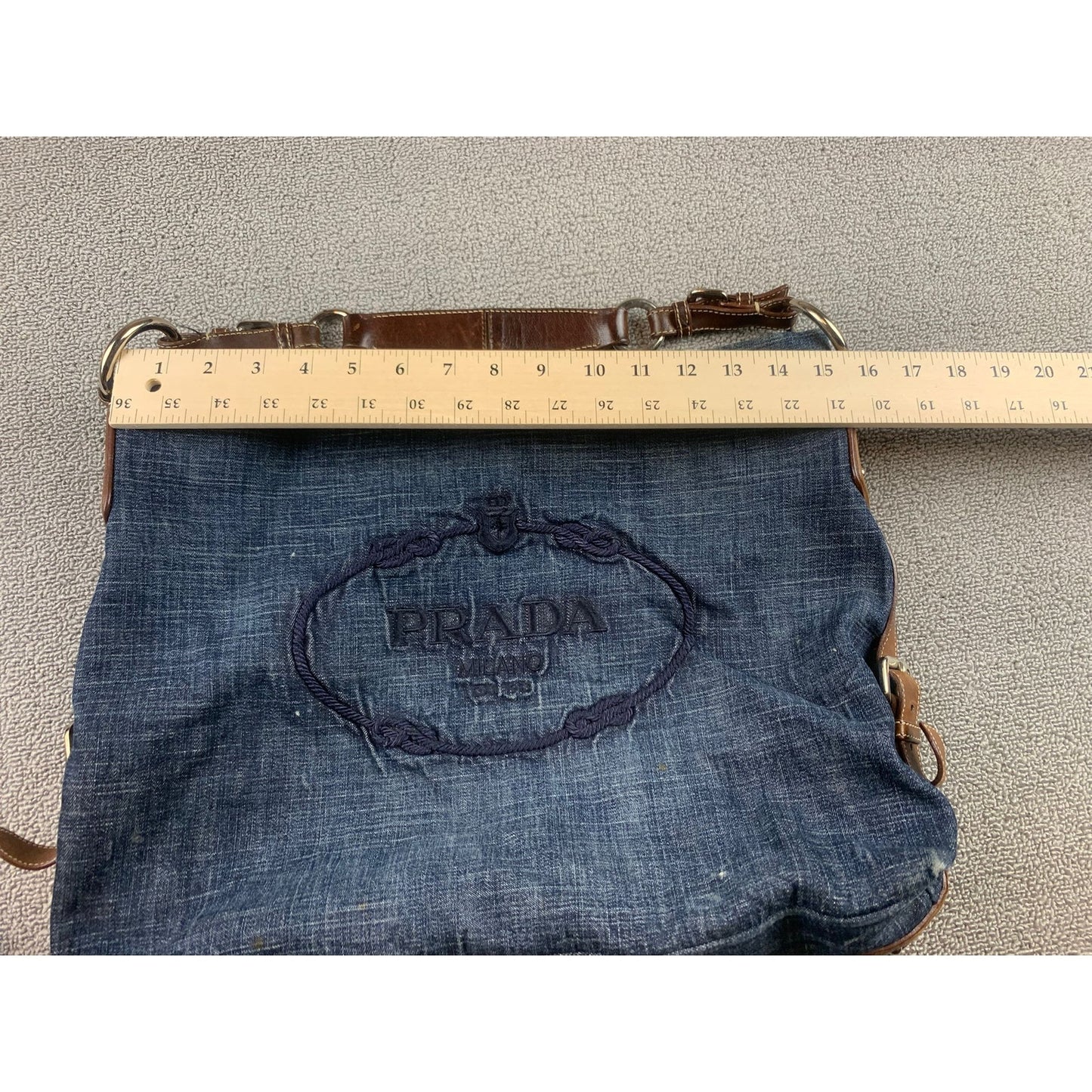 Authentic Prada Milano Blue Women's Washed Denim Logo Hobo Handbag