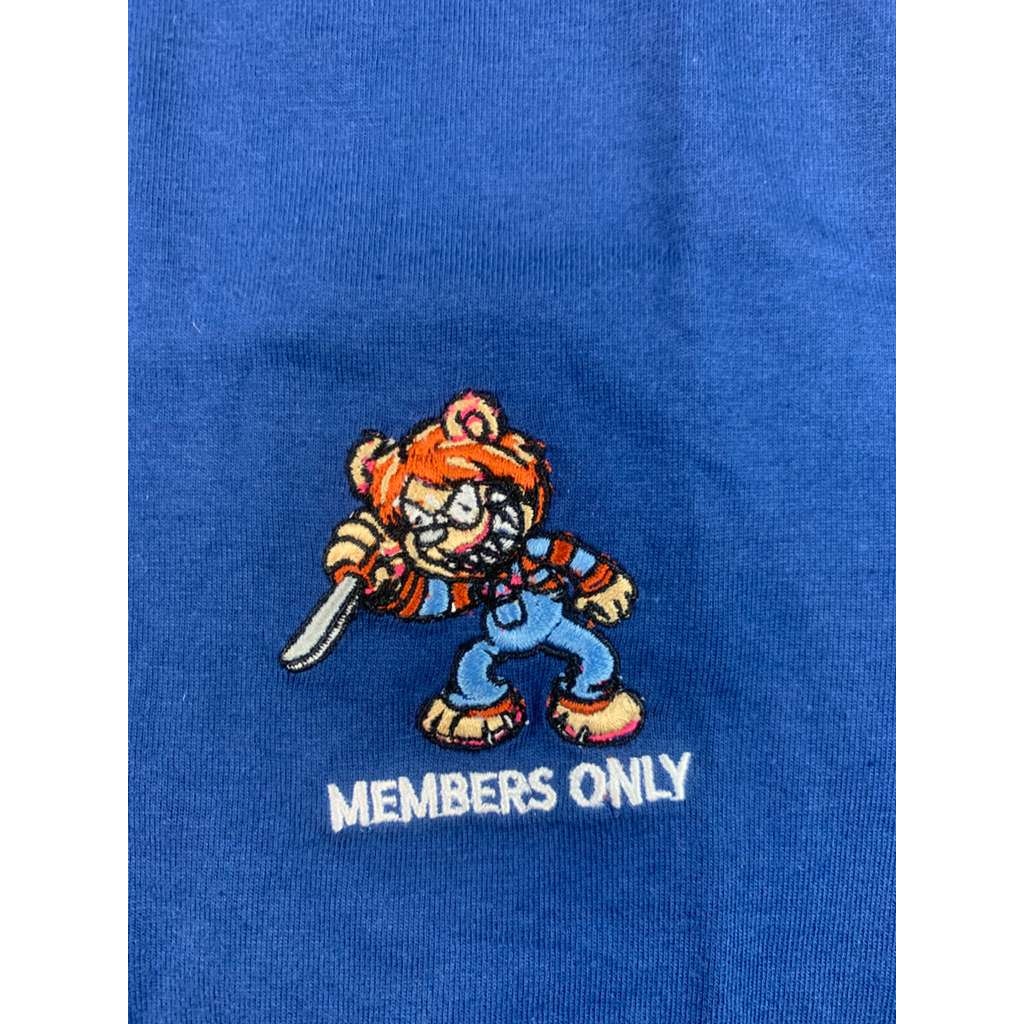 Members Only Mens M Blue Embroidered Bear Knife Scary Cotton Crewneck T Shirt