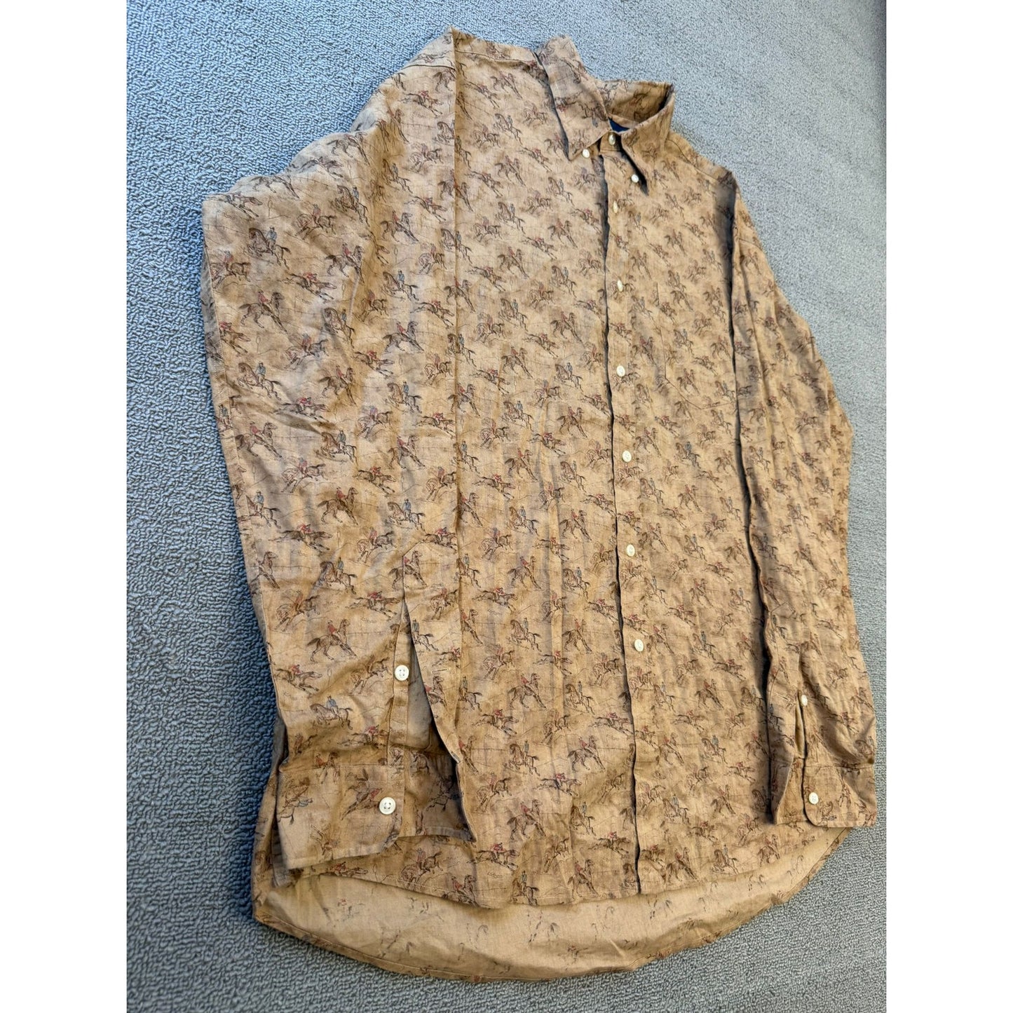 RALPH LAUREN Men's Button Down Shirt L Tan Brown Equestrian Horse Vintage Print