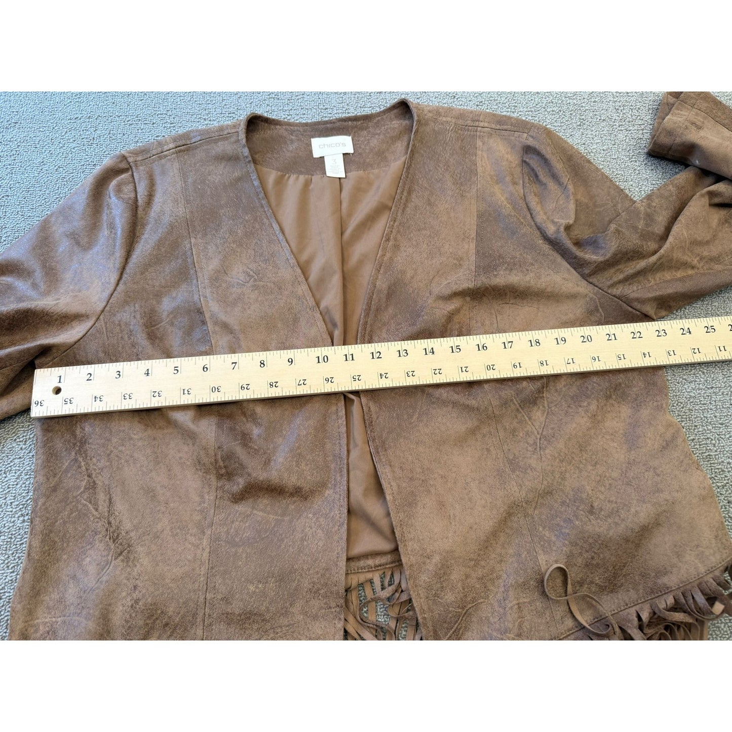 Chicos Womens Size 3 Faux Suede Fringe Jacket Brown Bohemian Style Cardigan
