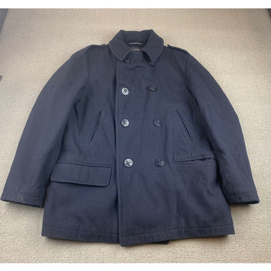 Nautica Black Wool Blend Peacoat Coat Jacket Mens Size Medium Quilted Lining