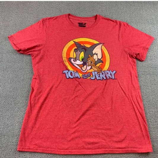 Tom and Jerry Mens M Red Heather Crewneck Cartoon Graphic T Shirt