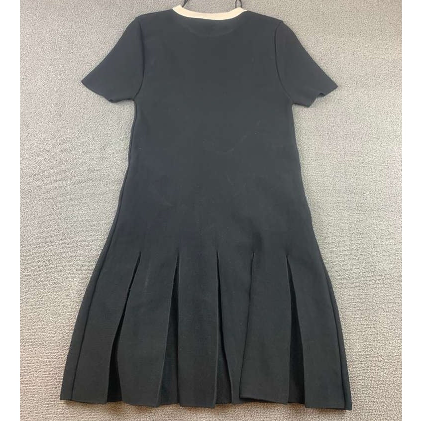 Zara Women XS Black Short Knit Pleated Dress Contrast Trim Pockets Gold Buttons