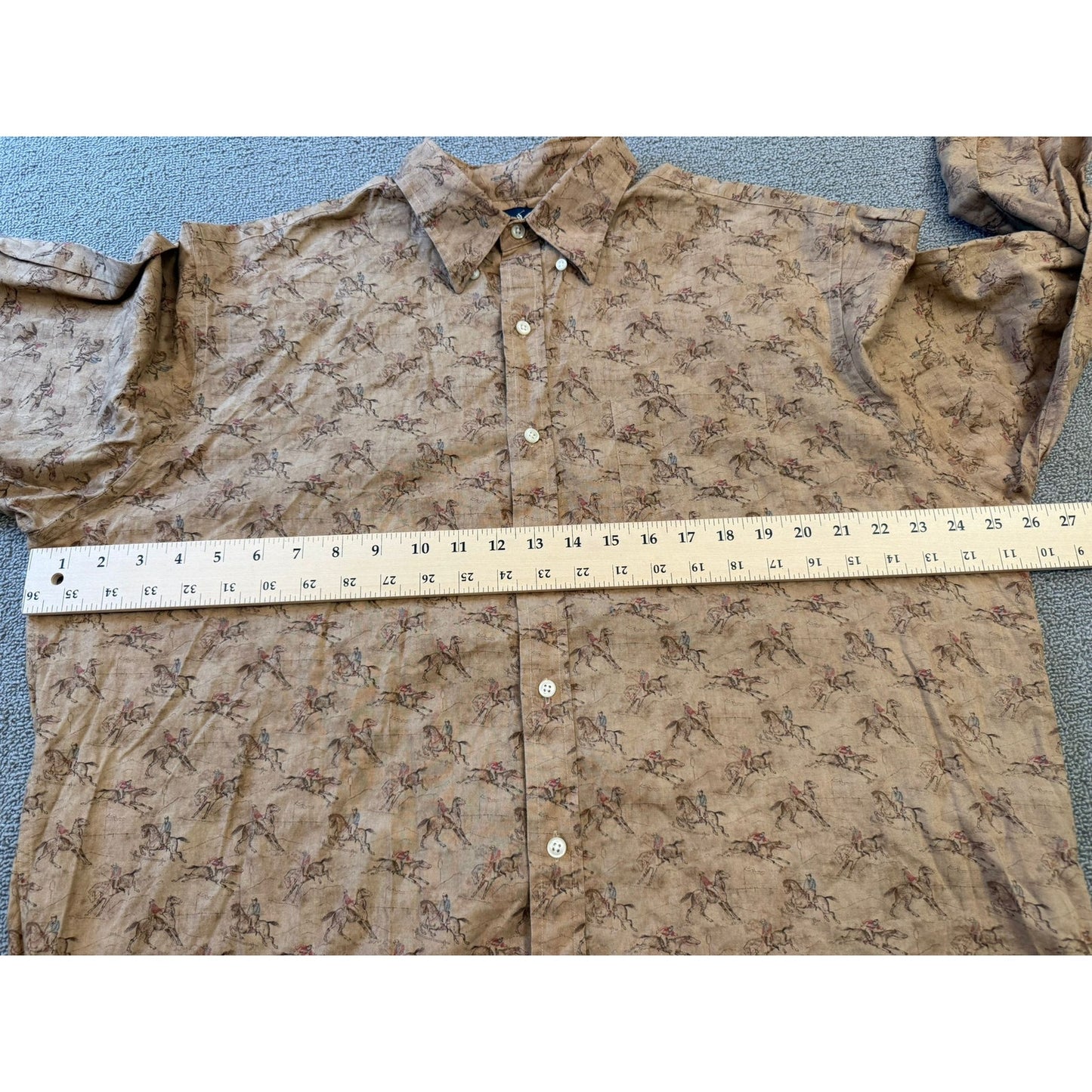 RALPH LAUREN Men's Button Down Shirt L Tan Brown Equestrian Horse Vintage Print