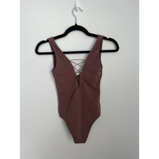 Wilfred Free Bodysuit Women XS Mauve Stretch Ribbed Open Back