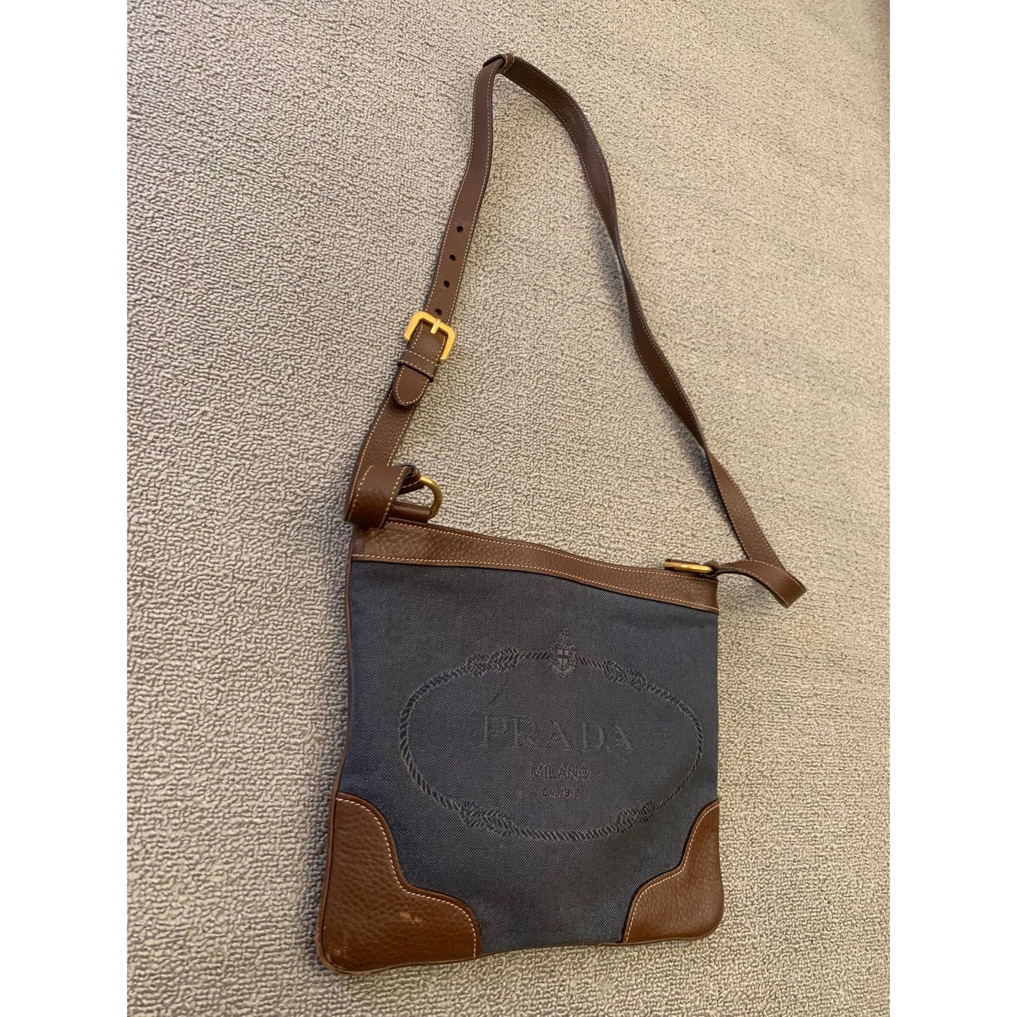 Prada Women Blue Brown Leather Crossbody Bag