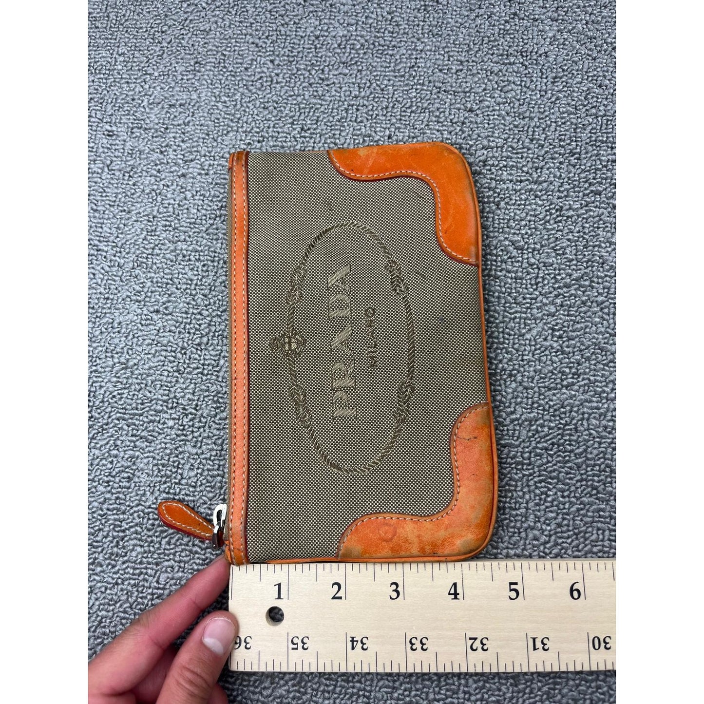 Authentic Prada Jacquard Pouch in Brown/Beige Canvas and Orange Leather Rare