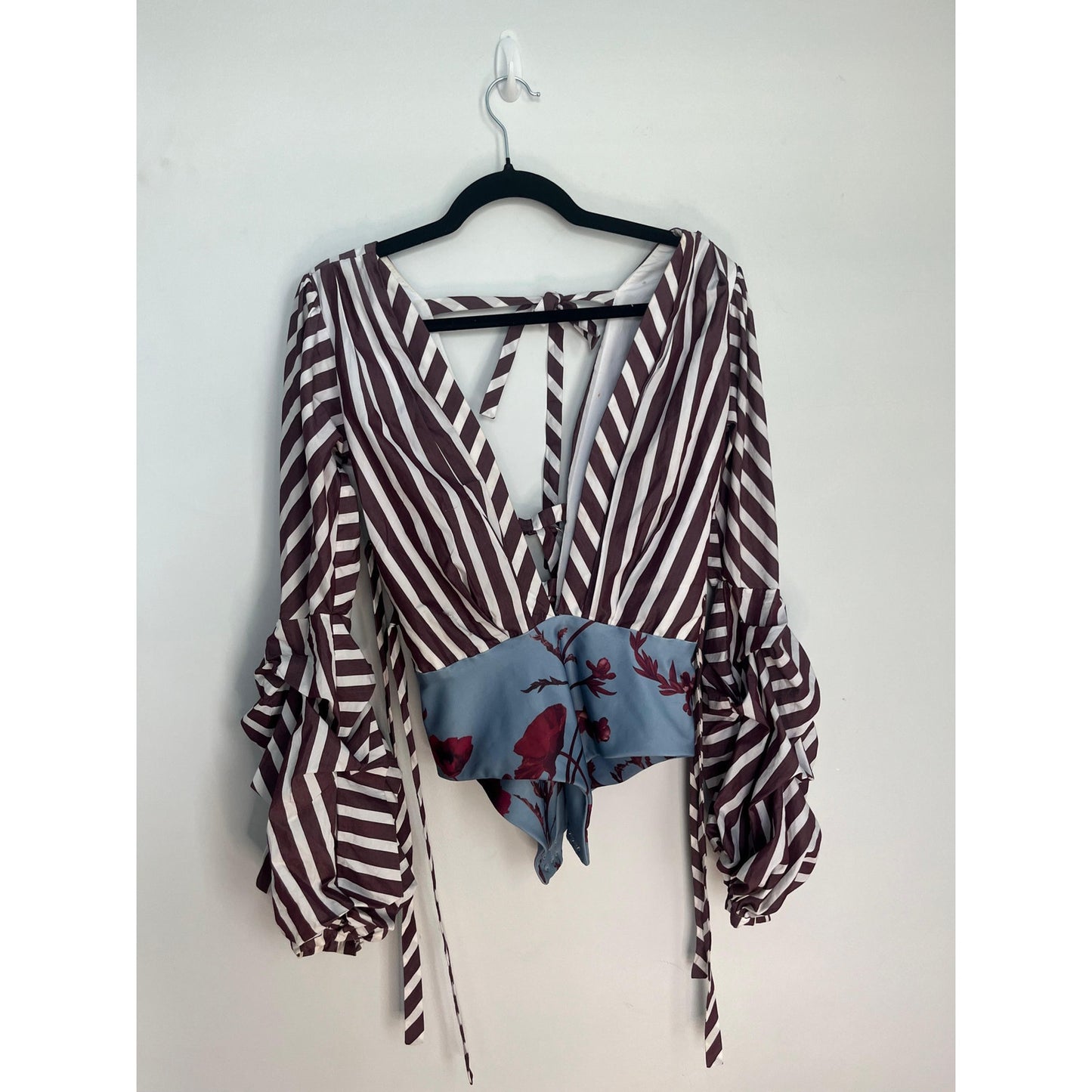 Johanna Ortiz Tie Back Blouse Women 0 Ruffle Sleeve Stripe Floral