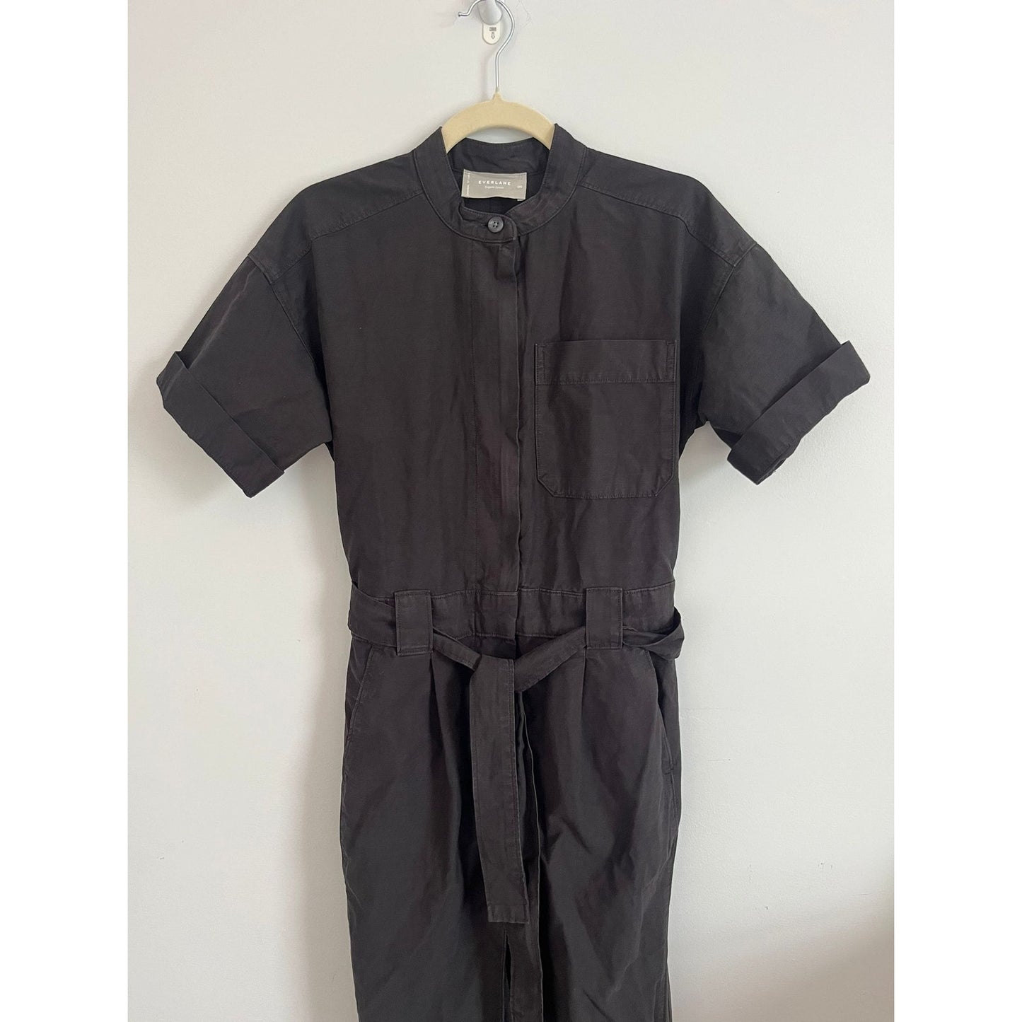 Everlane Utility Jumpsuit Women 00 Black Organic Cotton Short Sleeve Belted