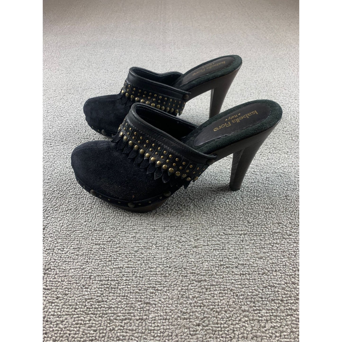 Isabella Fiore Suede Clogs Heel Shoes Womens 8 Made in Italy Fringe Studded