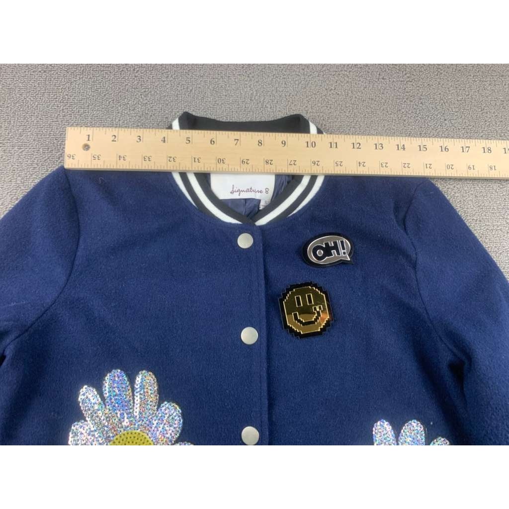 Signature 8 Varsity Bomber Jacket Women S Navy Blue Sequin Daisy Floral