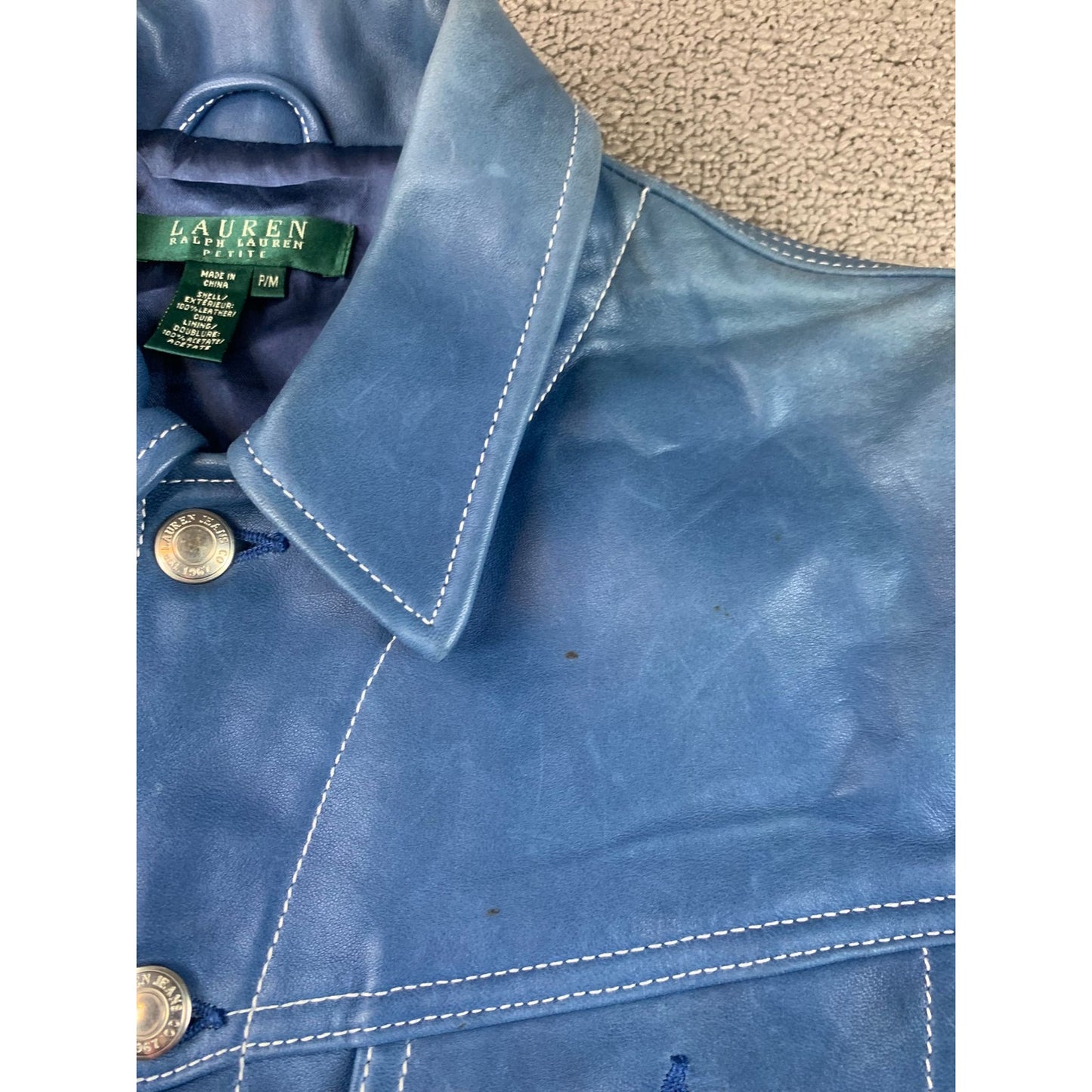 Y2K Lauren Ralph Lauren Women's Medium Blue 100% Leather Trucker Jacket