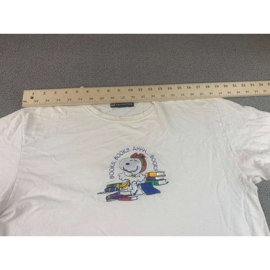 Vintage Peanuts Collection Large White T Shirt Embroidered Snoopy Books Graphic
