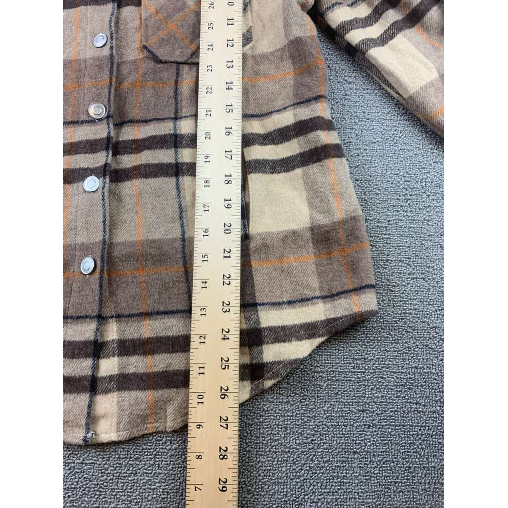 BoutiKome Plaid Shacket Womens S Tan Brown Brown Plaid Button Flannel Pockets