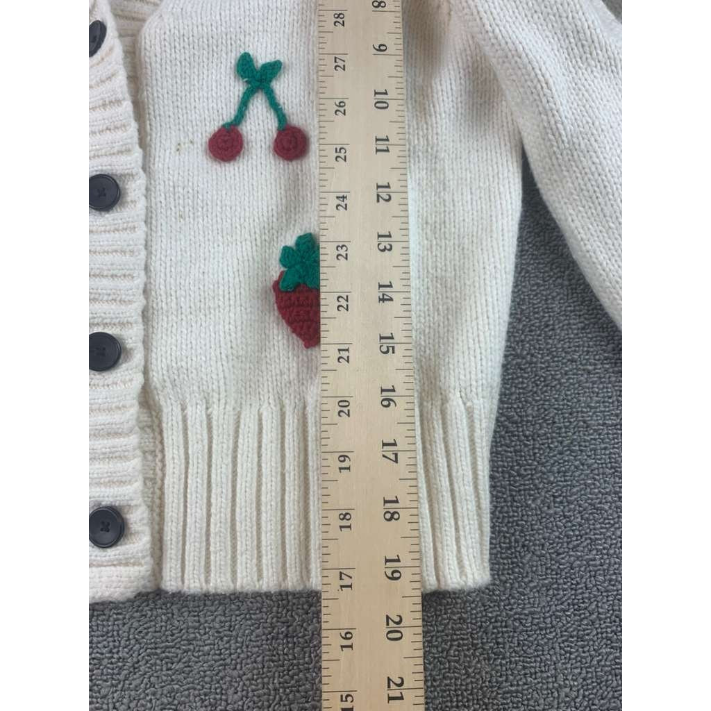 Rails Cardigan Women M Cream Button Front Cherry Strawberry Knit Puff Sleeve