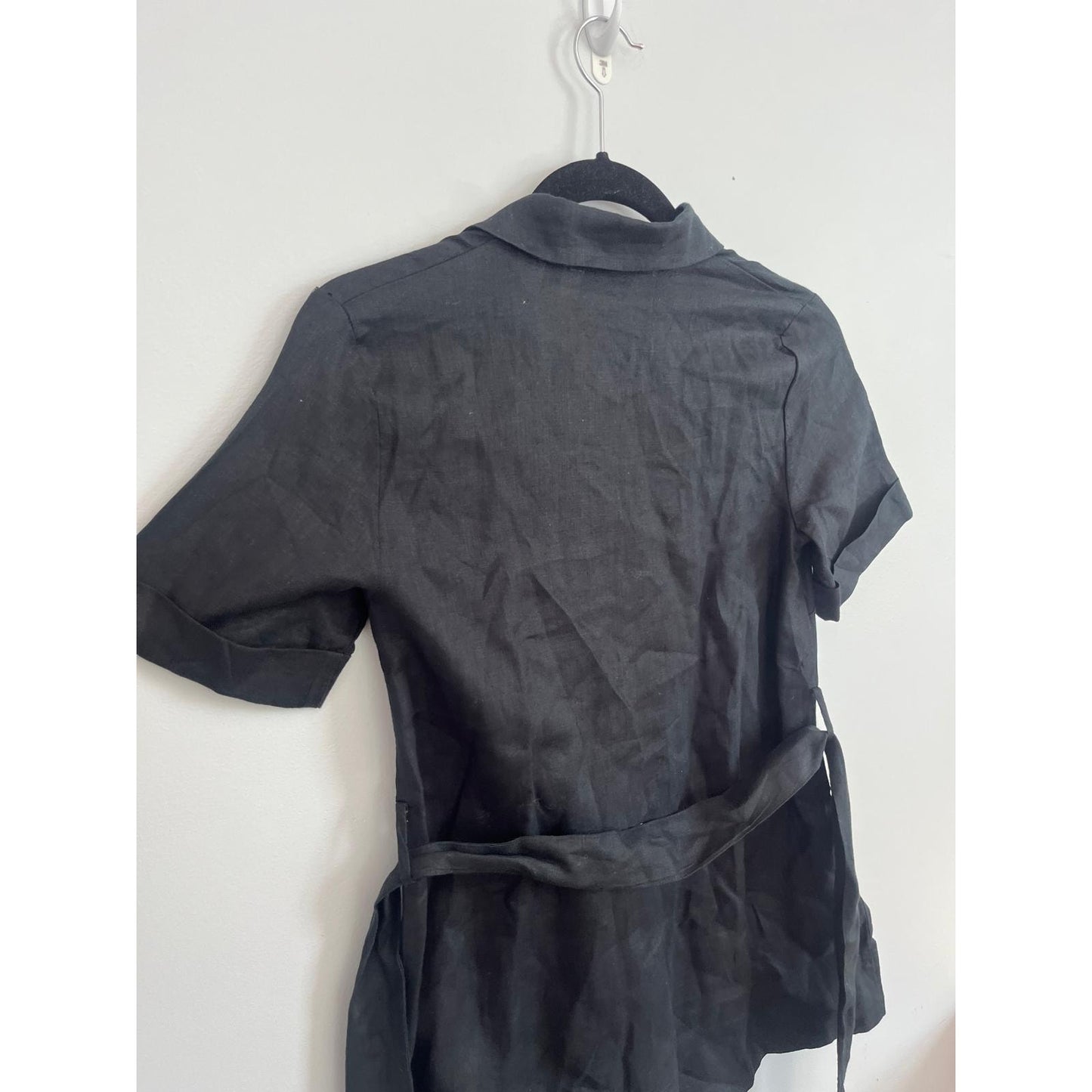 Wilfred Button Up Shirt Dress Women 2XS Black Linen Short Sleeve Belted