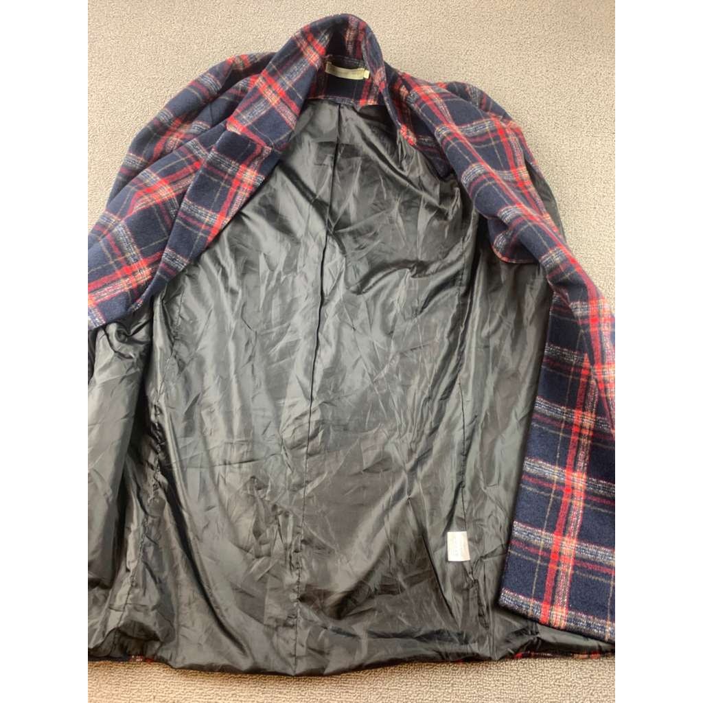 Love & Other Things Women M Navy Red Plaid Over Coat With Pockets