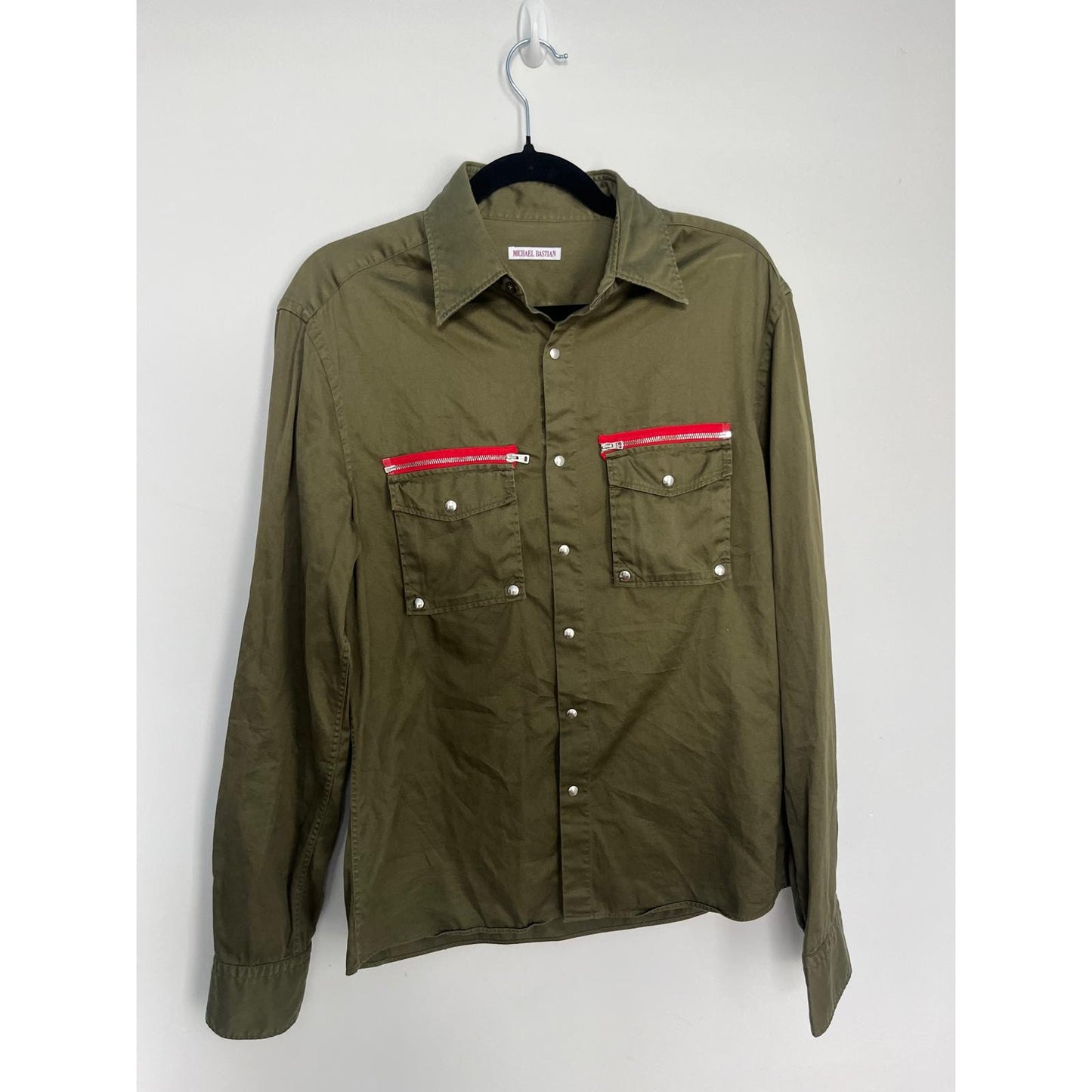 Michael Bastian Button Shirt Men 15.5 Green Cotton Red Zipper Pocket Long Sleeve