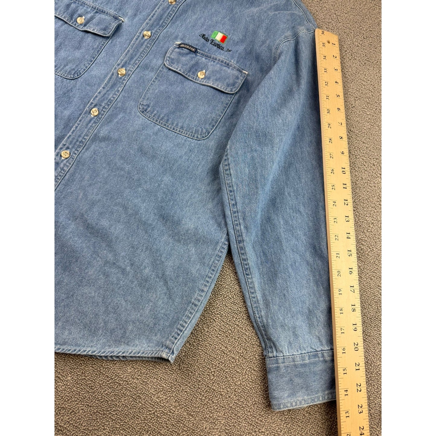 Y2K Dickies Denim Shirt Blue L Button Down Embroidered Auto Erotica Italy Flag