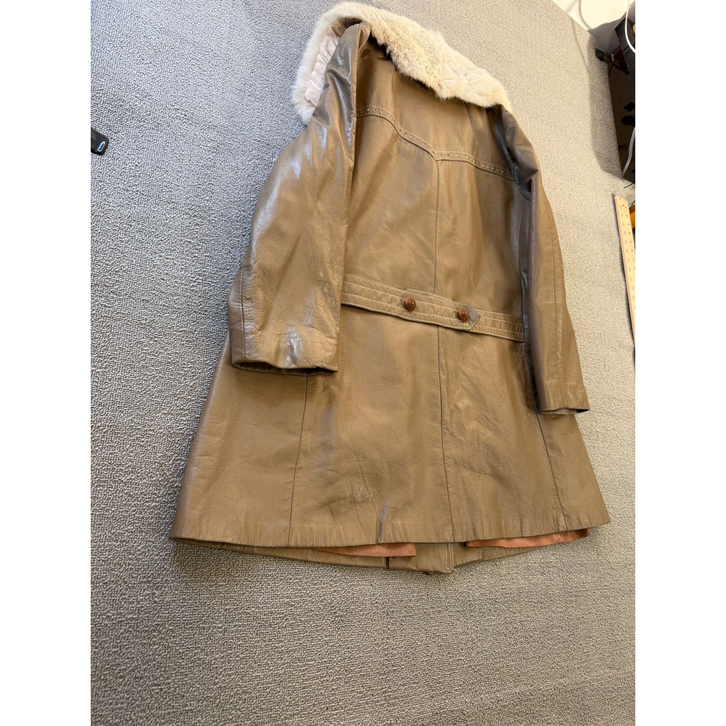 24K LEATHER Vintage Women's Beige Fur Collar Coat Jacket Vintage Retro Style