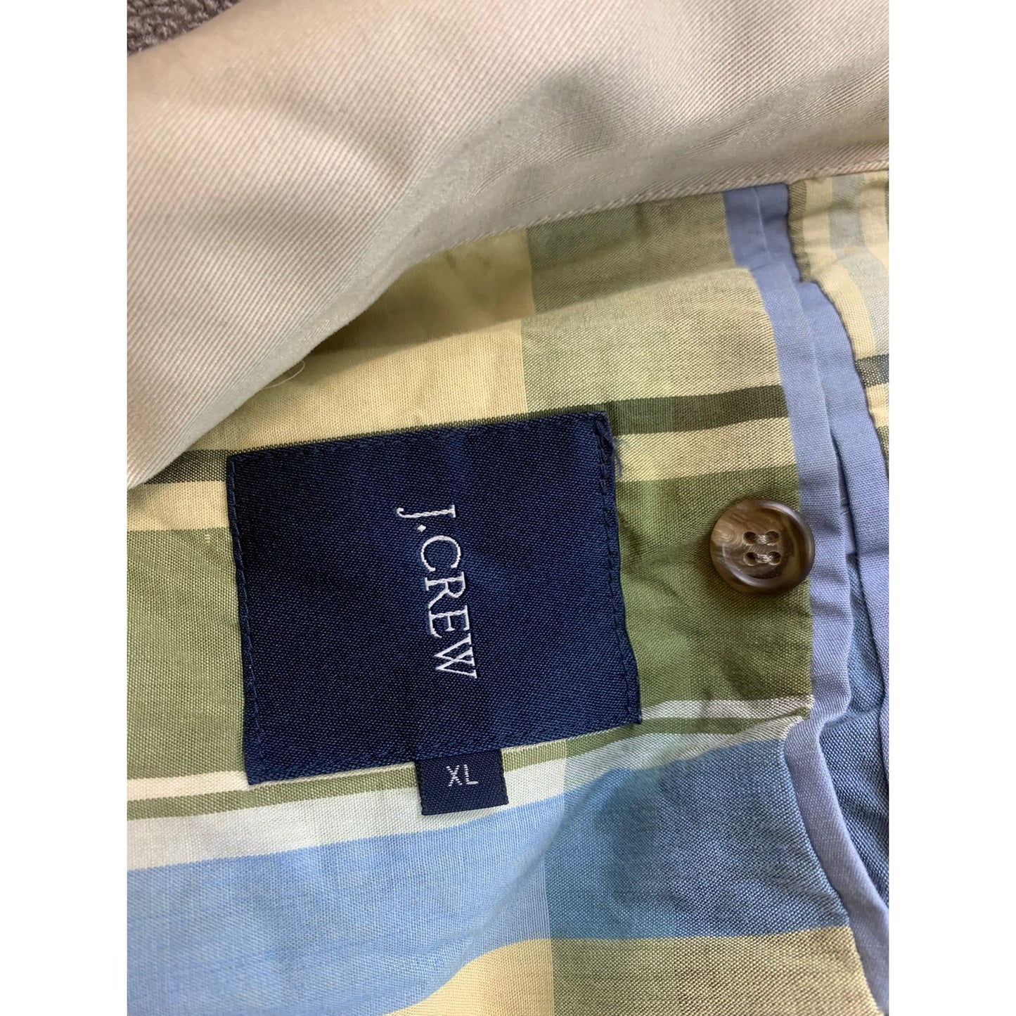 J. Crew Men's XL Beige Green Blue Full Length Checkered Plaid Lined Rain Coat