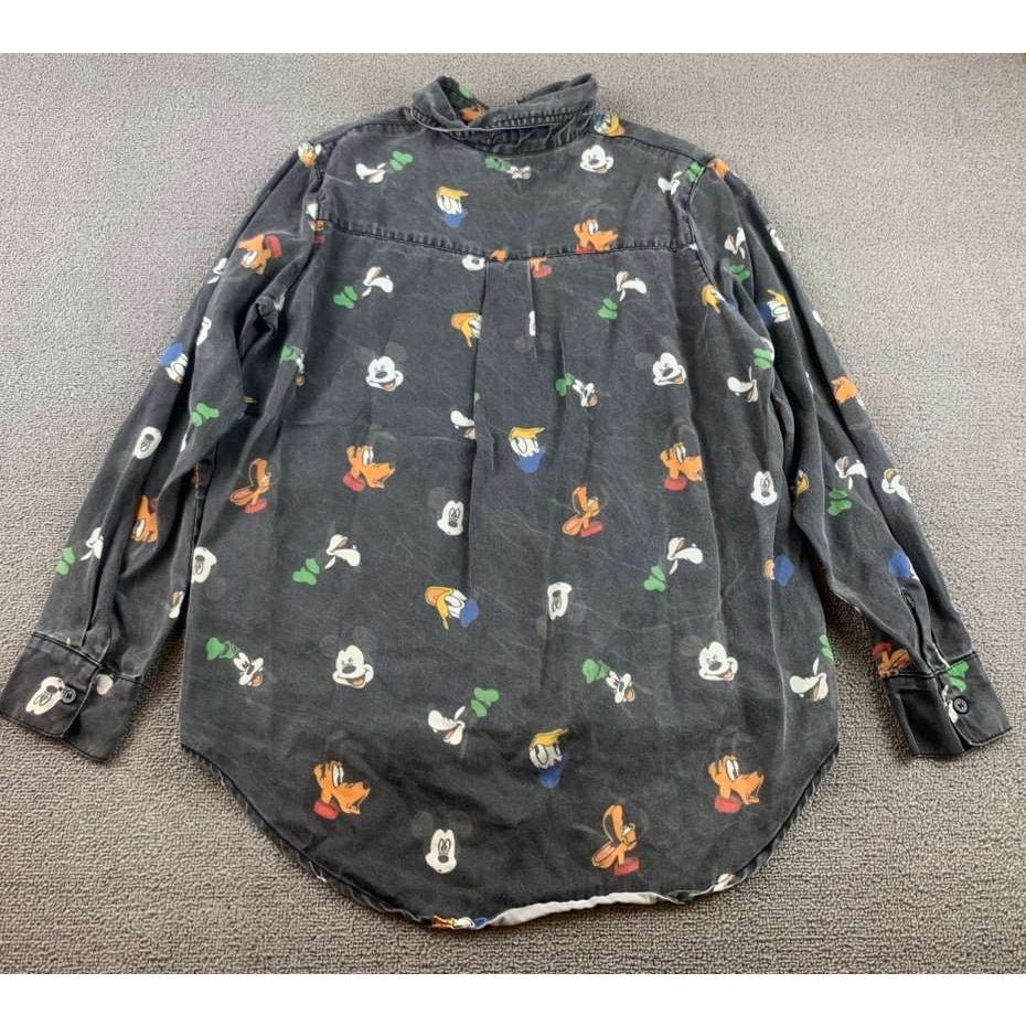 GDN Disney Characters Button Down Shirt Black Donald Goofy Mickey Pluto- Size M