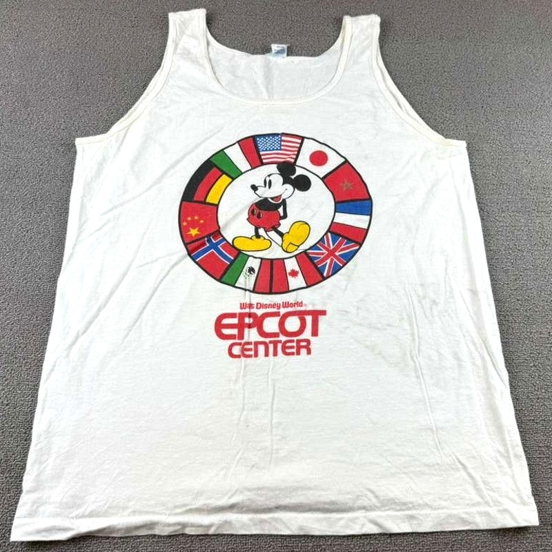 Disney Men's XL White EPCOT Center Tank Top Mickey Flags Graphic USA Made