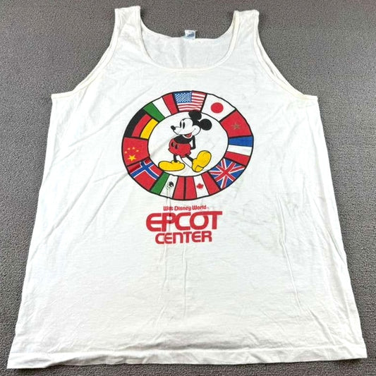 Disney Men's XL White EPCOT Center Tank Top Mickey Flags Graphic USA Made