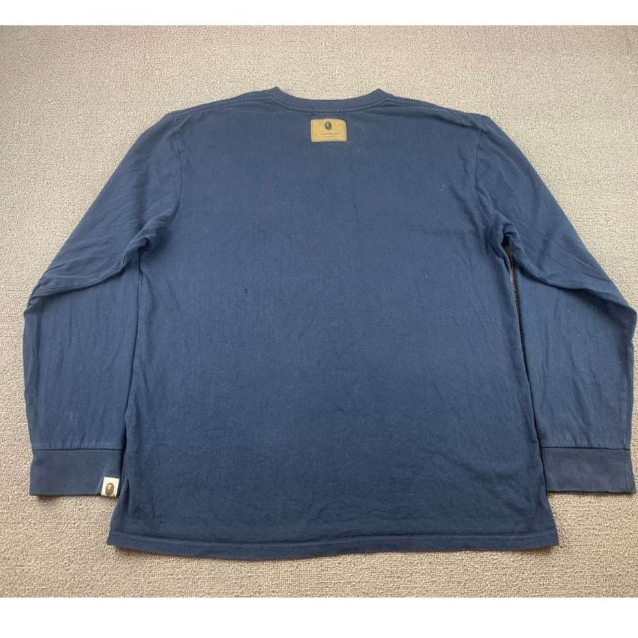 A Bathing Ape Long Sleeve T Shirt Men XL Navy Chest Logo Patch Tag Streetwear