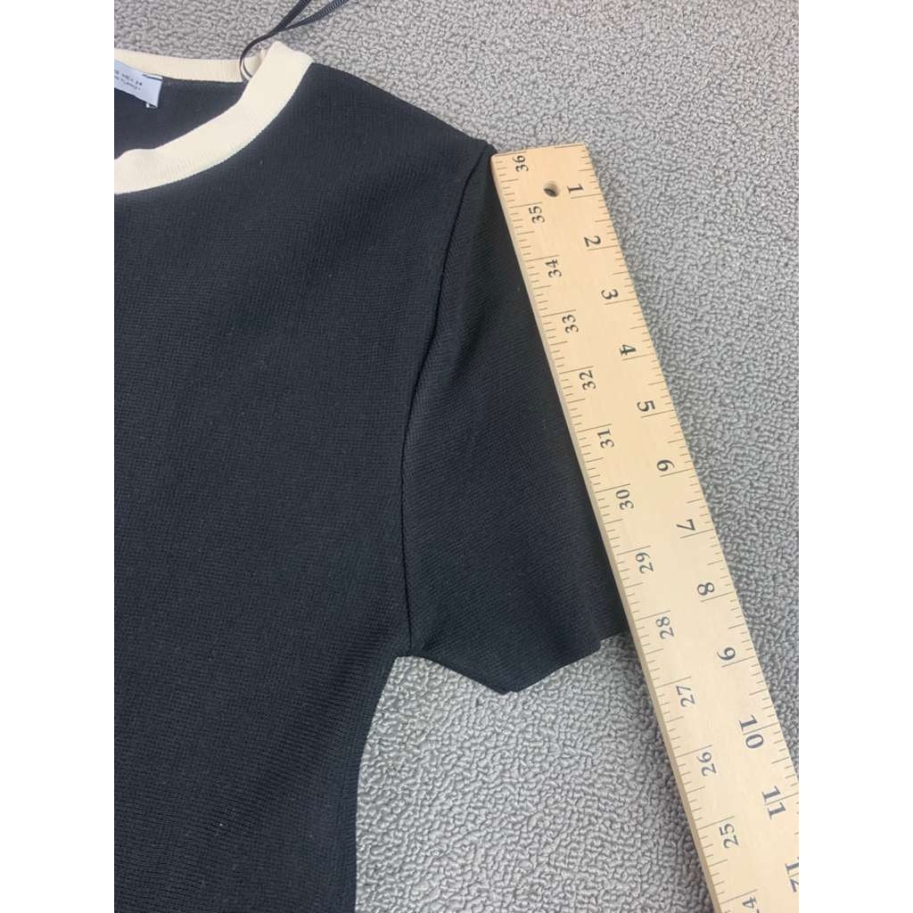 Zara Women XS Black Short Knit Pleated Dress Contrast Trim Pockets Gold Buttons