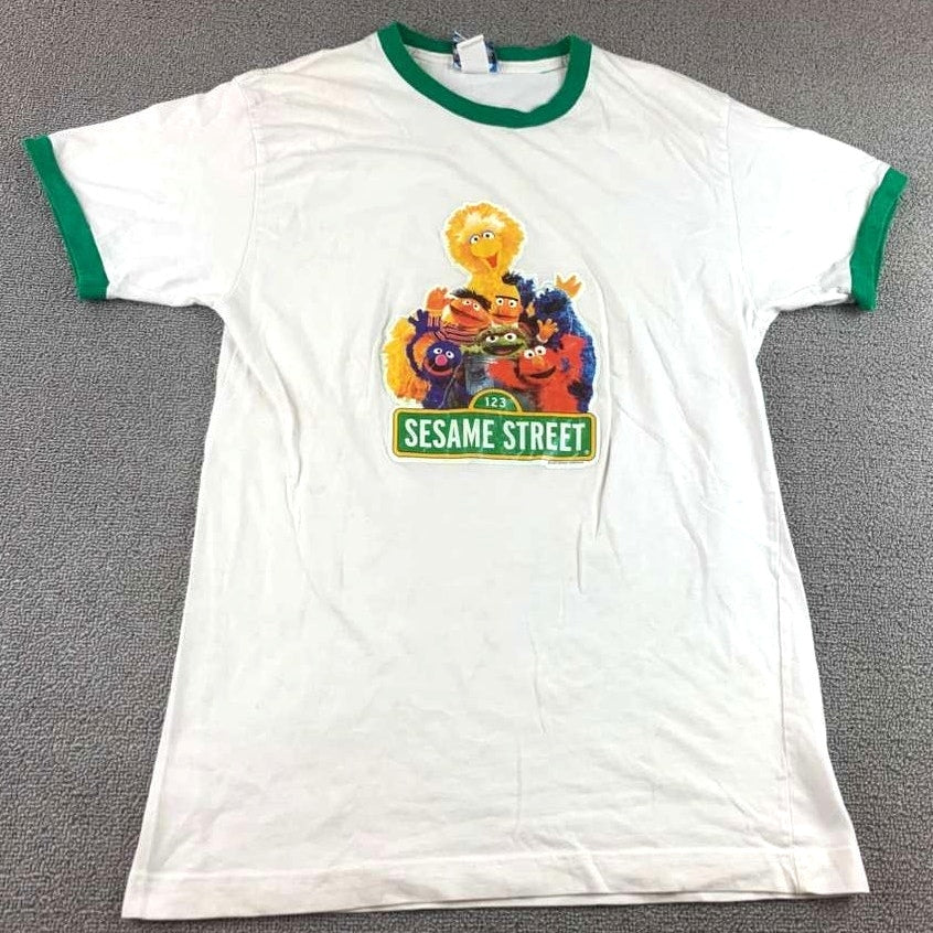 VTG Sesame Street Medium White Green Ringer Graphic T Shirt USA Made