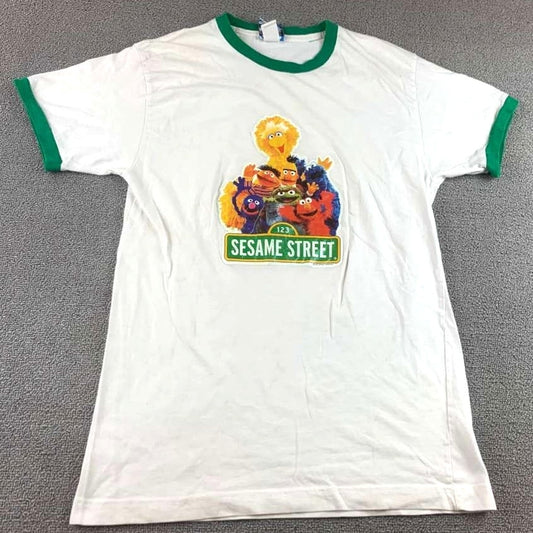 VTG Sesame Street Medium White Green Ringer Graphic T Shirt USA Made
