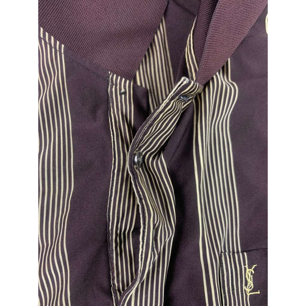 Yves Saint Laurent Polo Men XXL Brown Tan Shirt Vertical Stripe Embroidered Logo