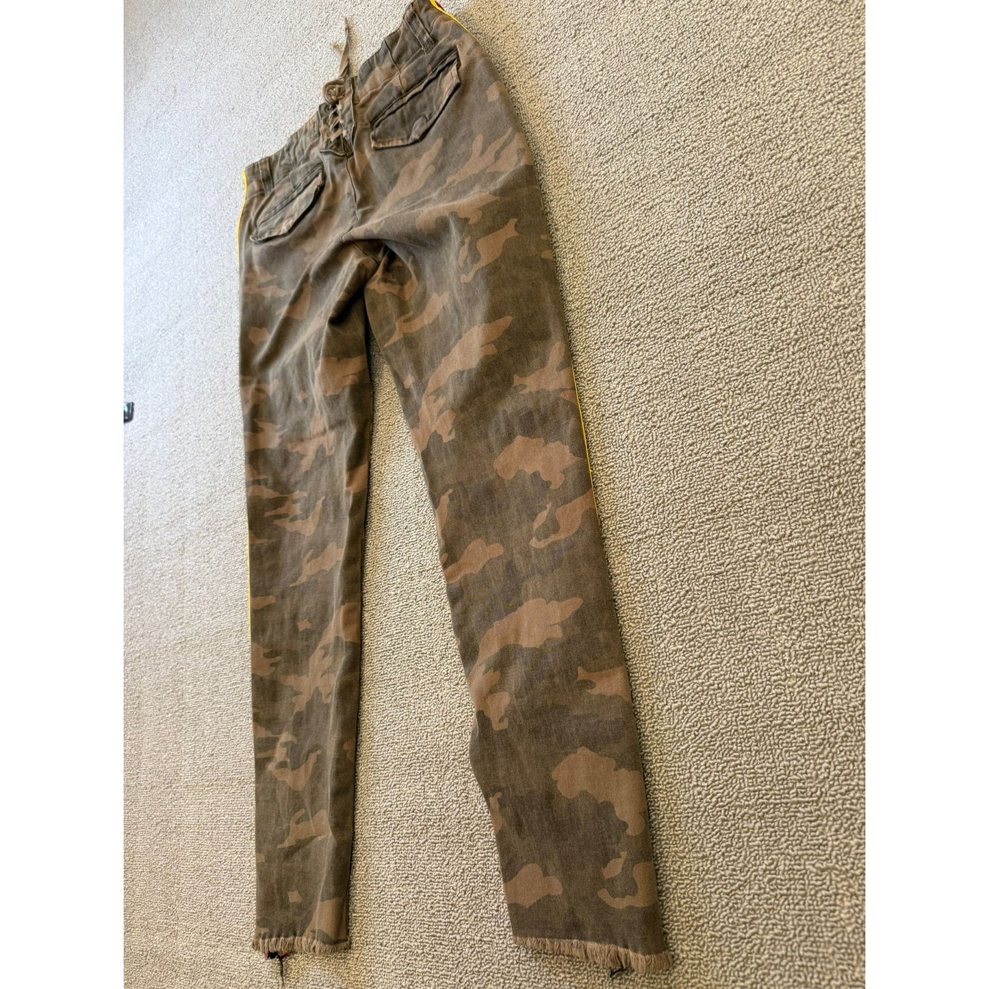 PAM & GELA Women's 24 Camo Camouflage Red Yellow Stripe Distressed Pants