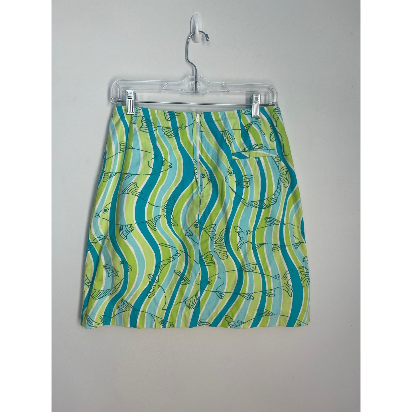 Lilly Pulitzer Mini Vintage Skirt Women 6 Green Blue Fish Print Cotton Beach